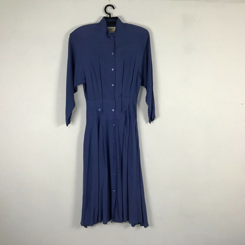 Vintage 1980s Dress Size 6 Alain Toussaint Solid Purple Long Sleeve Rayon Womens